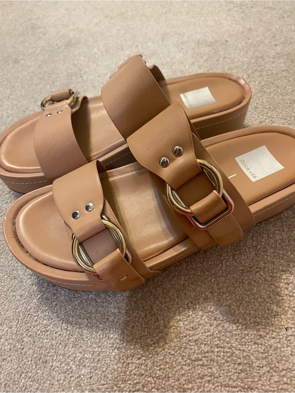 Dolce Vita Tan Double-Strap Platform Slide Sandals with Gold Rings